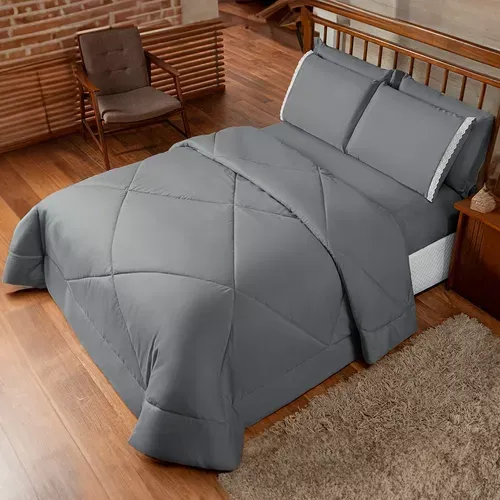 Colcha De Cama Casal Box + Lenol Dupla Face 6 Ps